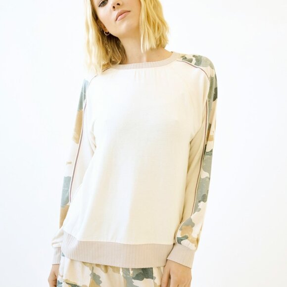 MYSTREE Cream Camo Sleeve Pullover Top Long Sleeve Lightweight Lounge Sweatshirt - Picture 3 of 9